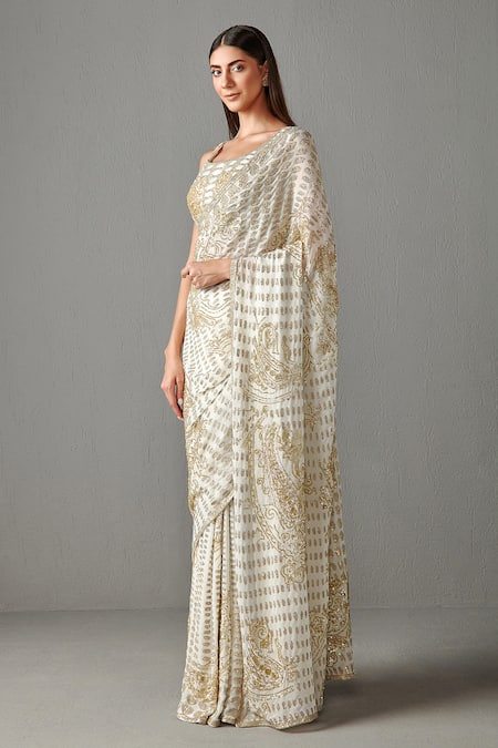 Rabani & Rakha_White Georgette Cutdana Work Round Zainab Embroidered Saree With Blouse _Online_at_Aza_Fashions