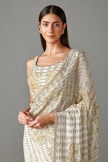 Buy_Rabani & Rakha_White Georgette Cutdana Work Round Zainab Embroidered Saree With Blouse _Online_at_Aza_Fashions
