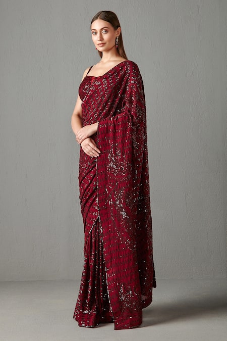 Rabani & Rakha_Red Georgette Sequins Work Sweetheart Neck Zainab Saree With Blouse _Online_at_Aza_Fashions