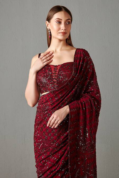 Maroon Red Sequins Saree With Fancy Flower Shaped Blouse | Asian bridal  dresses, Sequins saree, Red sequin saree