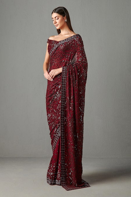 Rabani & Rakha Red Georgette Sequins Work Sweetheart Neck Zainab Saree With Blouse Online at Aza Fashions Rabani & Rakha_Red Georgette Sequins Work Sweetheart Neck Zainab Saree With Blouse _Online_at_Aza_Fashions