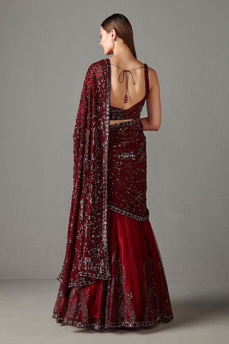Shop_Rabani & Rakha_Red Net, Georgette Sequins Work Round Adha Embroidered Lehenga Saree With Blouse _at_Aza_Fashions