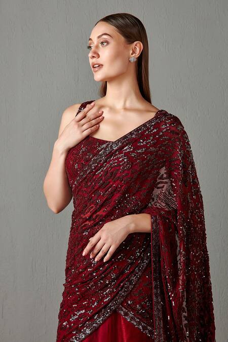 Buy_Rabani & Rakha_Red Net, Georgette Sequins Work Round Adha Embroidered Lehenga Saree With Blouse _Online_at_Aza_Fashions