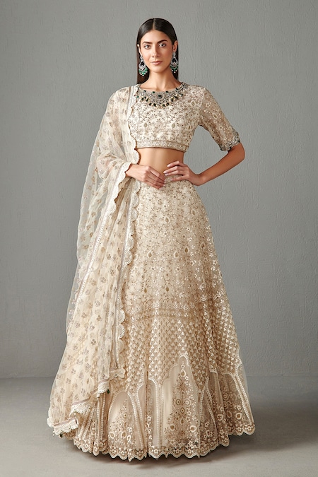 Cream & Red Floral Digital Print Lehenga Choli With Dupatta - Noble House  Creations