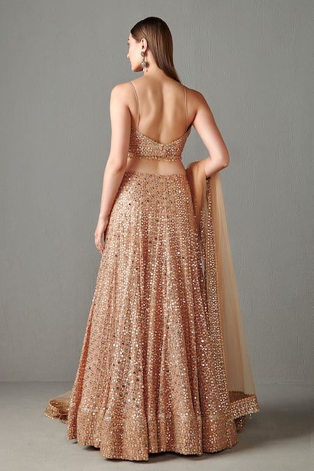 Shop Rabani & Rakha Gold Net, Georgette Mirror Work, Nadia Floral Embroidered Bridal Lehenga Set at Aza Fashions Shop_Rabani & Rakha_Gold Net, Georgette Mirror Work, Nadia Floral Embroidered Bridal Lehenga Set _at_Aza_Fashions
