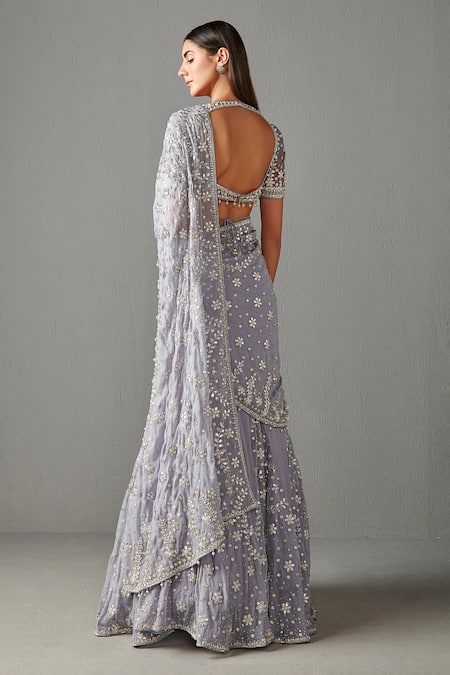 Shop Rabani & Rakha Purple Georgette Gota Work, Pearl Adha Lehenga Saree With Embroidered Blouse at Aza Fashions Shop_Rabani & Rakha_Purple Georgette Gota Work, Pearl Adha Lehenga Saree With Embroidered Blouse _at_Aza_Fashions