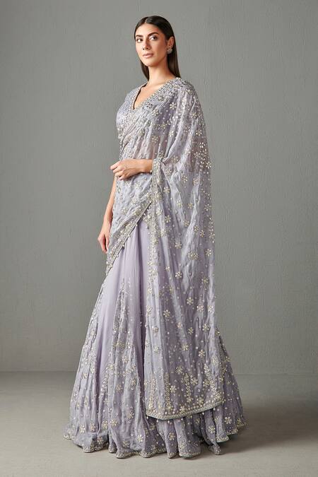Rabani & Rakha Purple Georgette Gota Work, Pearl Adha Lehenga Saree With Embroidered Blouse Online at Aza Fashions Rabani & Rakha_Purple Georgette Gota Work, Pearl Adha Lehenga Saree With Embroidered Blouse _Online_at_Aza_Fashions