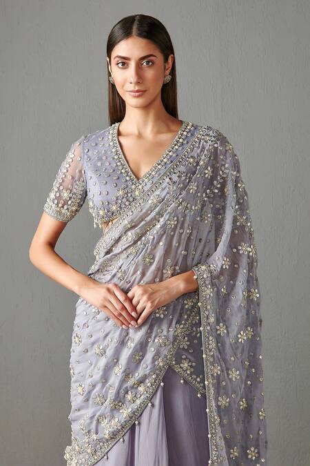 Buy Rabani & Rakha Purple Georgette Gota Work, Pearl Adha Lehenga Saree With Embroidered Blouse Online at Aza Fashions Buy_Rabani & Rakha_Purple Georgette Gota Work, Pearl Adha Lehenga Saree With Embroidered Blouse _Online_at_Aza_Fashions