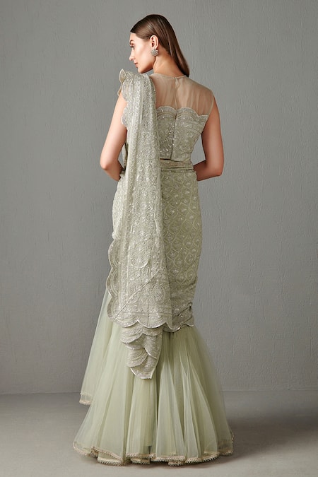 Shop Rabani & Rakha Green Net, Georgette Sequins, Dabka Work High Saaira Lehenga Saree With Blouse at Aza Fashions Shop_Rabani & Rakha_Green Net, Georgette Sequins, Dabka Work High Saaira Lehenga Saree With Blouse _at_Aza_Fashions