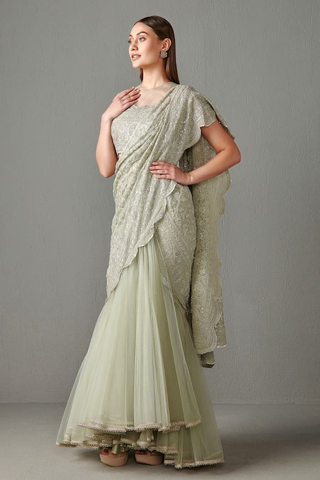 Rabani & Rakha Green Net, Georgette Sequins, Dabka Work High Saaira Lehenga Saree With Blouse Online at Aza Fashions Rabani & Rakha_Green Net, Georgette Sequins, Dabka Work High Saaira Lehenga Saree With Blouse _Online_at_Aza_Fashions