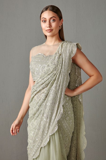 Buy Rabani & Rakha Green Net, Georgette Sequins, Dabka Work High Saaira Lehenga Saree With Blouse Online at Aza Fashions Buy_Rabani & Rakha_Green Net, Georgette Sequins, Dabka Work High Saaira Lehenga Saree With Blouse _Online_at_Aza_Fashions
