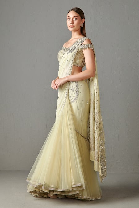Rabani & Rakha_Green Net, Georgette Gota Work, Pearl Work, Saaira Lehenga Saree With Blouse _Online_at_Aza_Fashions