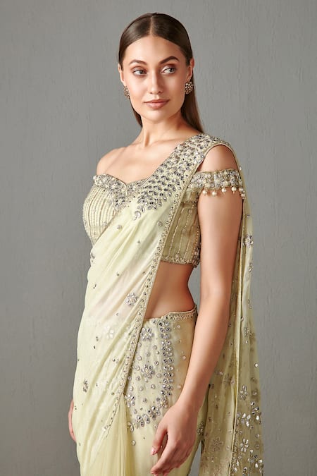 Buy_Rabani & Rakha_Green Net, Georgette Gota Work, Pearl Work, Saaira Lehenga Saree With Blouse _Online_at_Aza_Fashions