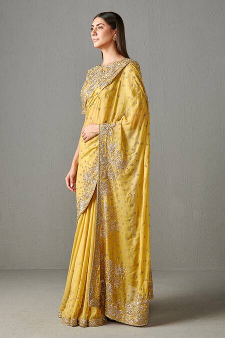Rabani & Rakha_Yellow Georgette Cutdana , Zardozi Zainab Embroidered Saree With Blouse _Online_at_Aza_Fashions