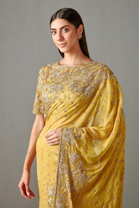 Buy_Rabani & Rakha_Yellow Georgette Cutdana , Zardozi Zainab Embroidered Saree With Blouse _Online_at_Aza_Fashions