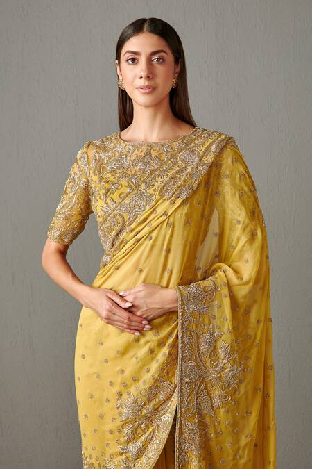 Shop_Rabani & Rakha_Yellow Georgette Cutdana , Zardozi Zainab Embroidered Saree With Blouse _Online_at_Aza_Fashions