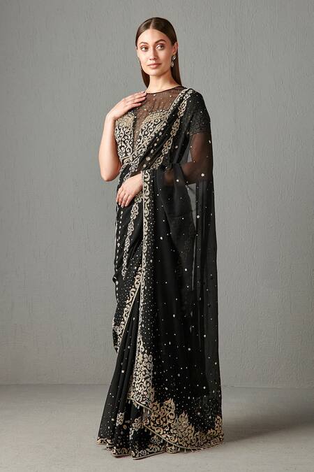 Rabani & Rakha_Black Chiffon Sequin Work Halter Neck Zainab Embroidered Saree With Blouse _Online_at_Aza_Fashions
