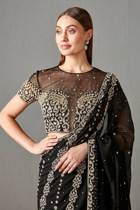 Buy_Rabani & Rakha_Black Chiffon Sequin Work Halter Neck Zainab Embroidered Saree With Blouse _Online_at_Aza_Fashions