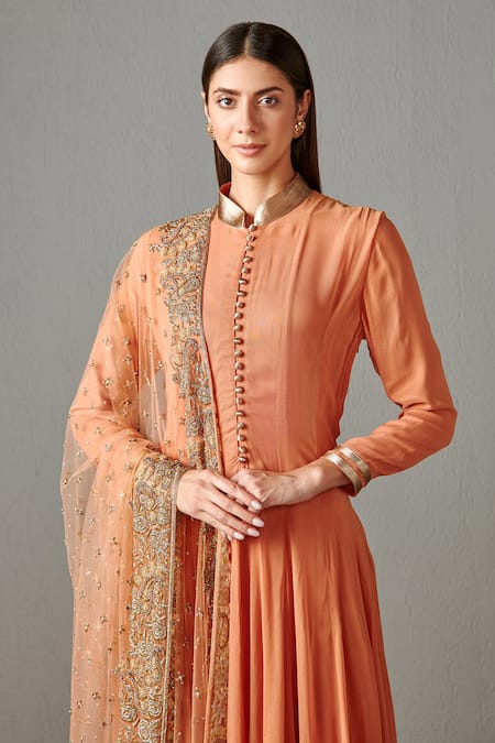 Buy Peach Net, Georgette, Lycra Cutdana, Sequins Mandarin Rania