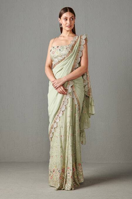 CHHAVVI AGGARWAL presents Raas Sage Green Saree Blouse Set exclusively at  FEI