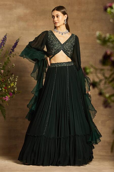 Awigna Green Lehenga Georgette Embroidered Floral Motifs V Aqsa Tiered Pleated Set 