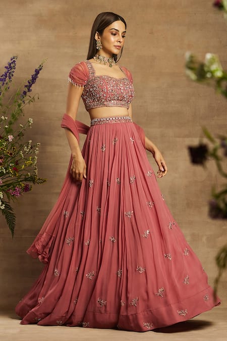 Awigna Pink Georgette Floral Motifs Sweetheart Neck Taahira Embroidered Lehenga Set