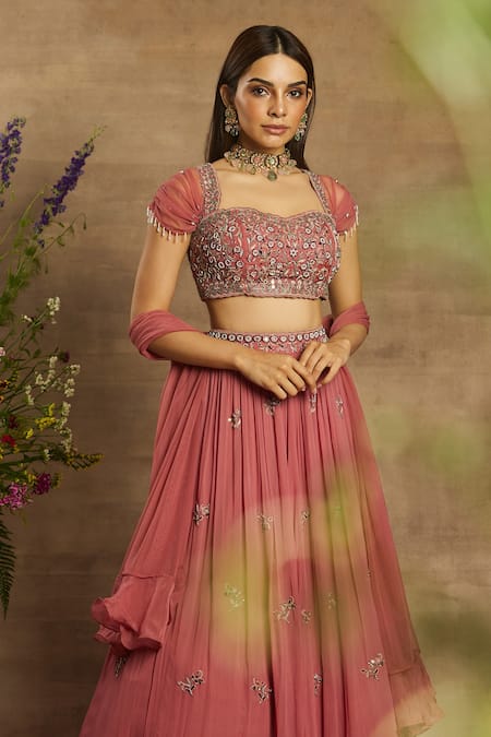 Shop Awigna Pink Georgette Floral Motifs Sweetheart Neck Taahira Embroidered Lehenga Set at Aza Fashions Shop_Awigna_Pink Georgette Floral Motifs Sweetheart Neck Taahira Embroidered Lehenga Set_at_Aza_Fashions