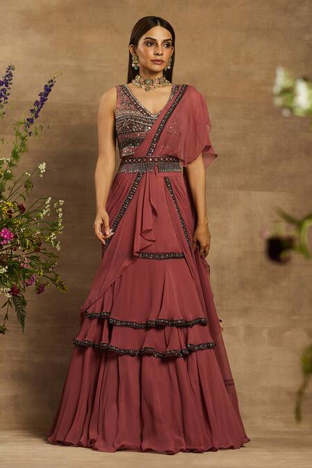 Awigna_Pink Georgette V Neck Tori Pre-draped Lehenga Saree Set_Online_at_Aza_Fashions