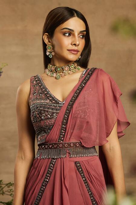 Buy_Awigna_Pink Georgette V Neck Tori Pre-draped Lehenga Saree Set_Online_at_Aza_Fashions