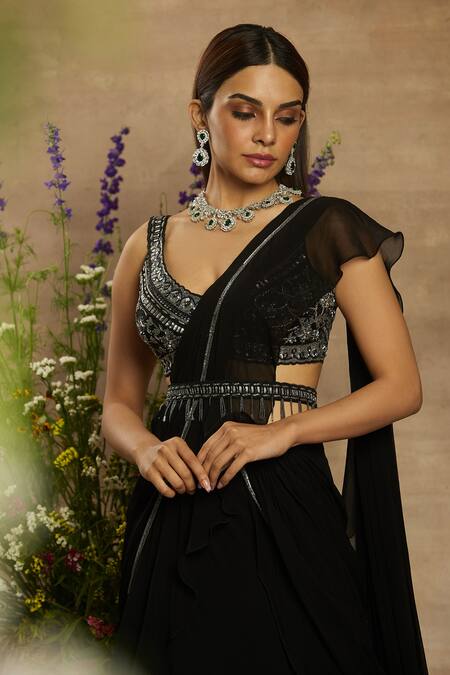 Awigna_Black Georgette Scoop Neck Aarna Pre-draped Lehenga Saree Set_Online_at_Aza_Fashions