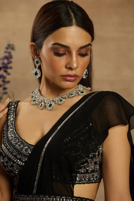 Buy_Awigna_Black Georgette Scoop Neck Aarna Pre-draped Lehenga Saree Set_Online_at_Aza_Fashions
