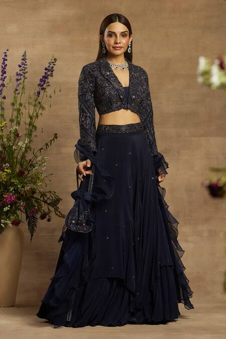 Awigna_Blue Crepe Floral Motifs Lapel Collar Shirin Layered Lehenga And Blouse Set_Online_at_Aza_Fashions