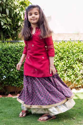 Missprint_Maroon Chanderi Embroidery Kurta And Skirt Set _Online_at_Aza_Fashions