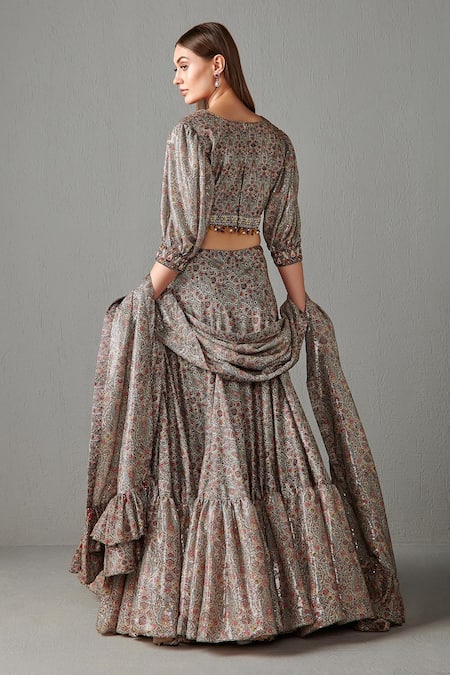 Shop Rabani & Rakha Gold Dupion Floral Motifs V Neck Print Lehenga Set at Aza Fashions Shop_Rabani & Rakha_Gold Dupion Floral Motifs V Neck Print Lehenga Set _at_Aza_Fashions