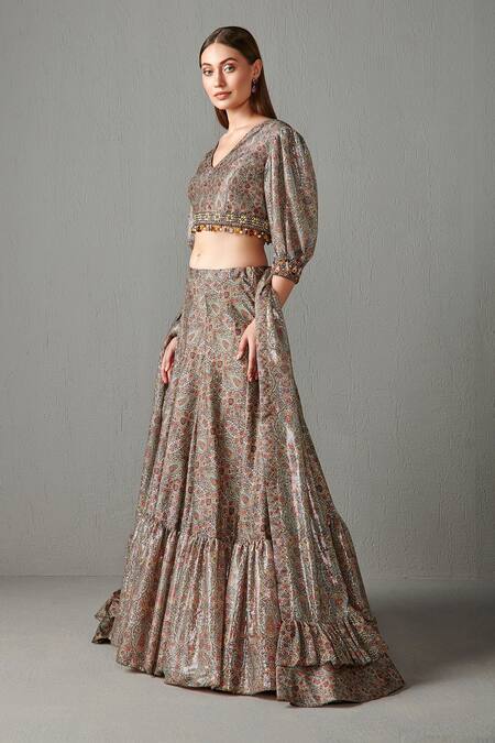 Rabani & Rakha Gold Dupion Floral Motifs V Neck Print Lehenga Set Online at Aza Fashions Rabani & Rakha_Gold Dupion Floral Motifs V Neck Print Lehenga Set _Online_at_Aza_Fashions