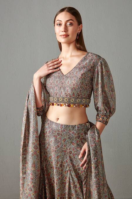 Buy Rabani & Rakha Gold Dupion Floral Motifs V Neck Print Lehenga Set Online at Aza Fashions Buy_Rabani & Rakha_Gold Dupion Floral Motifs V Neck Print Lehenga Set _Online_at_Aza_Fashions