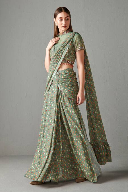 Rabani & Rakha_Green Georgette Floral Motifs Mandarin Collar Print Lehenga Saree With Blouse _Online_at_Aza_Fashions