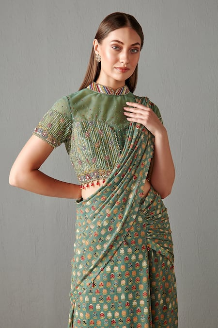 Buy_Rabani & Rakha_Green Georgette Floral Motifs Mandarin Collar Print Lehenga Saree With Blouse _Online_at_Aza_Fashions