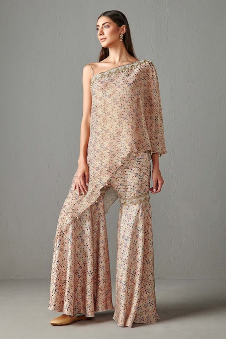 Rabani & Rakha_Beige Crepe, Dupion Floral Motifs Asymmetric Kurta And Gharara Set _Online_at_Aza_Fashions