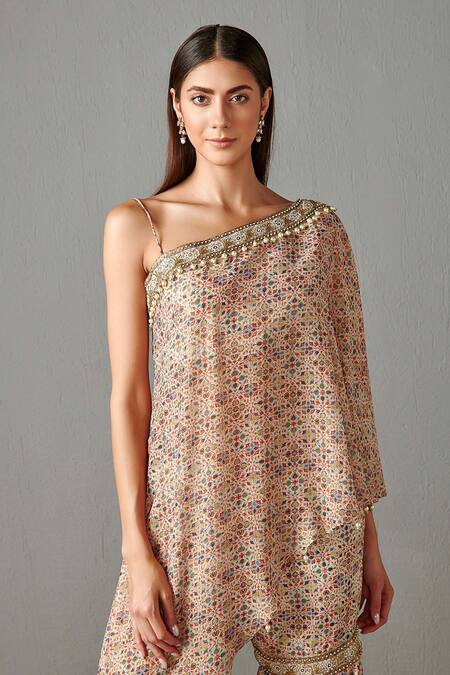 Buy_Rabani & Rakha_Beige Crepe, Dupion Floral Motifs Asymmetric Kurta And Gharara Set _Online_at_Aza_Fashions