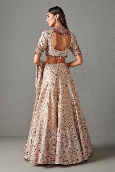 Shop_Rabani & Rakha_Beige Dupion Printed Floral Motifs Scoop Neckline Bridal Lehenga Set _at_Aza_Fashions