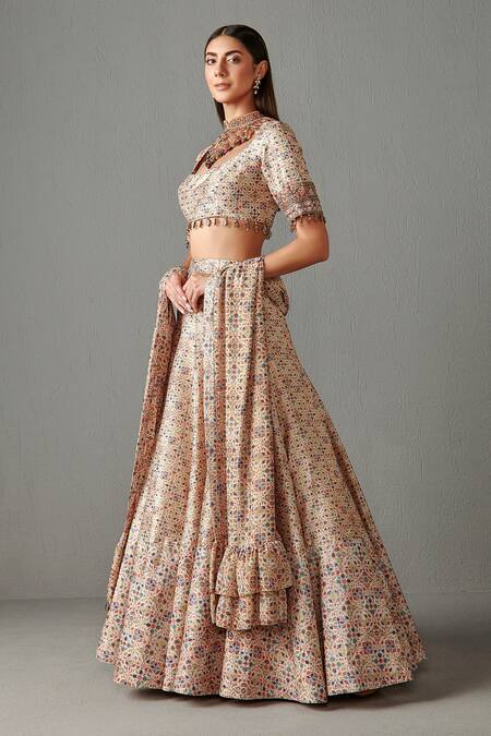 Rabani & Rakha_Beige Dupion Printed Floral Motifs Scoop Neckline Bridal Lehenga Set _Online_at_Aza_Fashions