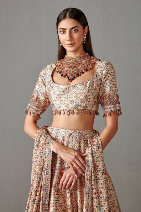 Buy_Rabani & Rakha_Beige Dupion Printed Floral Motifs Scoop Neckline Bridal Lehenga Set _Online_at_Aza_Fashions