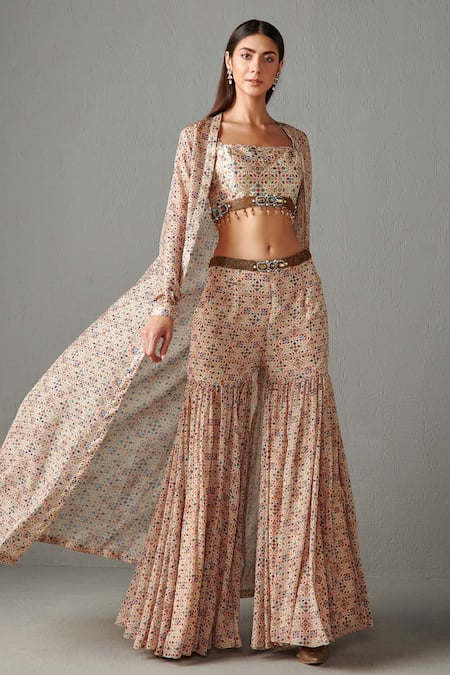 Rabani & Rakha_Beige Georgette, Dupion Floral Motifs Blouse V Neck And Print Gharara Set With _Online_at_Aza_Fashions