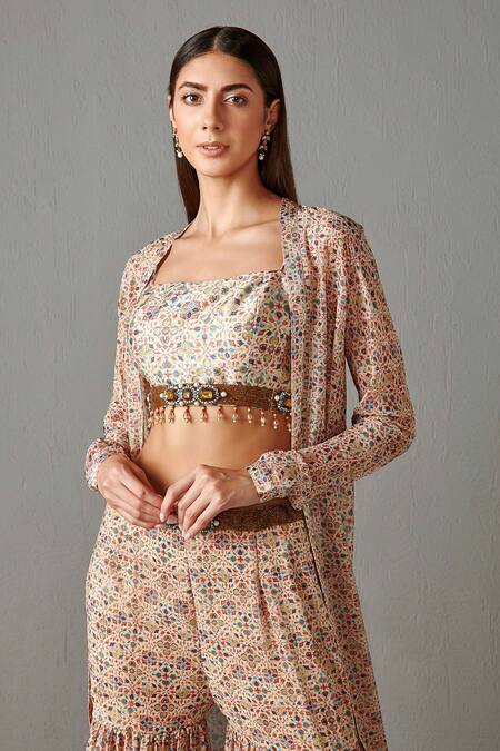 Shop_Rabani & Rakha_Beige Georgette, Dupion Floral Motifs Blouse V Neck And Print Gharara Set With _Online_at_Aza_Fashions