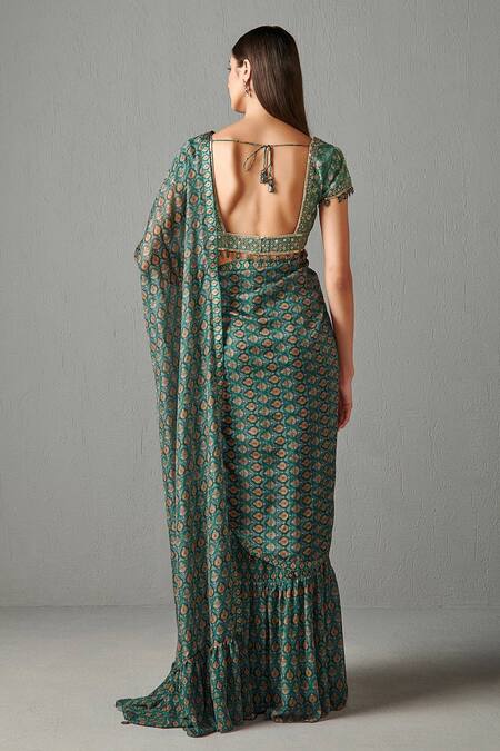 Shop_Rabani & Rakha_Green Georgette Floral Motifs Sweetheart Neck Tiered Lehenga Saree With Blouse _at_Aza_Fashions
