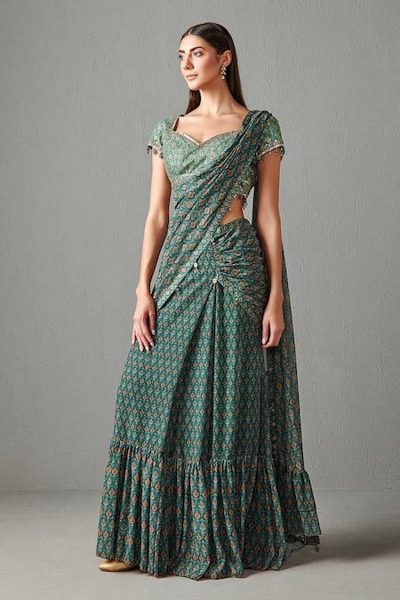 Rabani & Rakha_Green Georgette Floral Motifs Sweetheart Neck Tiered Lehenga Saree With Blouse _Online_at_Aza_Fashions