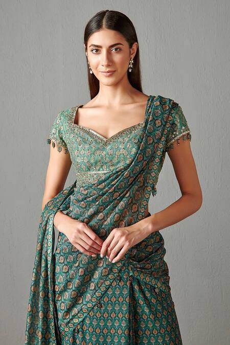 Buy_Rabani & Rakha_Green Georgette Floral Motifs Sweetheart Neck Tiered Lehenga Saree With Blouse _Online_at_Aza_Fashions