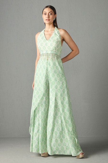 Rabani & Rakha Printed Halter Neck Kurta & Palazzo Set 