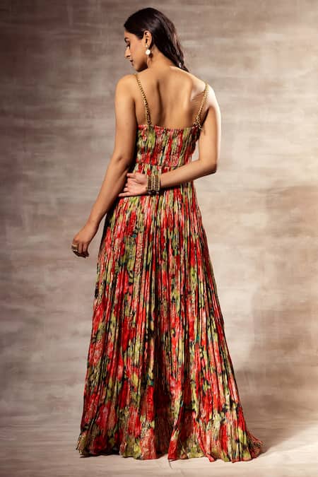 Shop Ruhr India Red Chiffon, Silk Chinon Digital , Foil Hand Micro-pleated Maxi Dress at Aza Fashions Shop_Ruhr India_Red Chiffon, Silk Chinon Digital , Foil Hand Micro-pleated Maxi Dress _at_Aza_Fashions